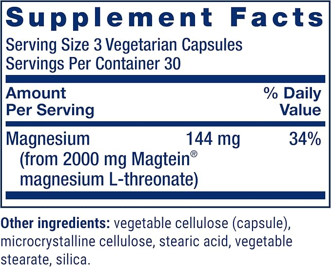Neuro-Mag Magnesium L-Threonate 90 Vegetarian Capsules – Cognitive, Memory & Brain Health Support