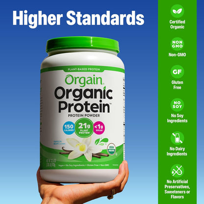 Orgain Organic Plant Based Protein Powder, Vanilla Bean, 21g Protein, 5g Prebiotic Fiber, Vegan, 2.74 lb