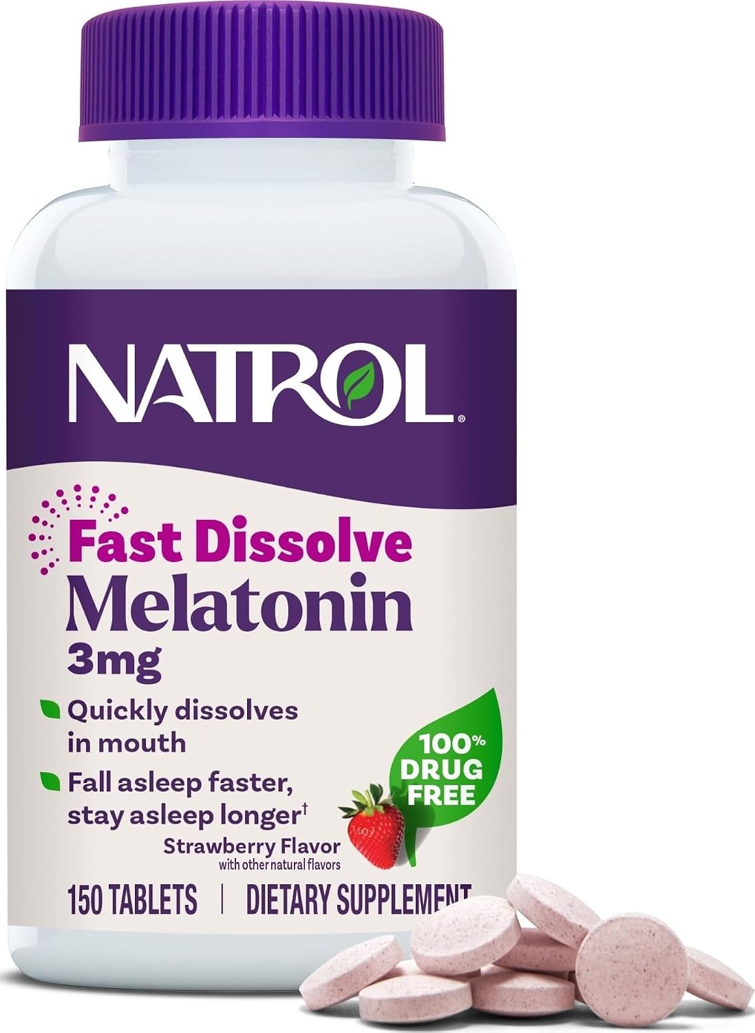 Natrol Melatonin 3 mg Fast Dissolve Tablets, Strawberry, 150 Count – Sleep Support for Adults, No Water Needed