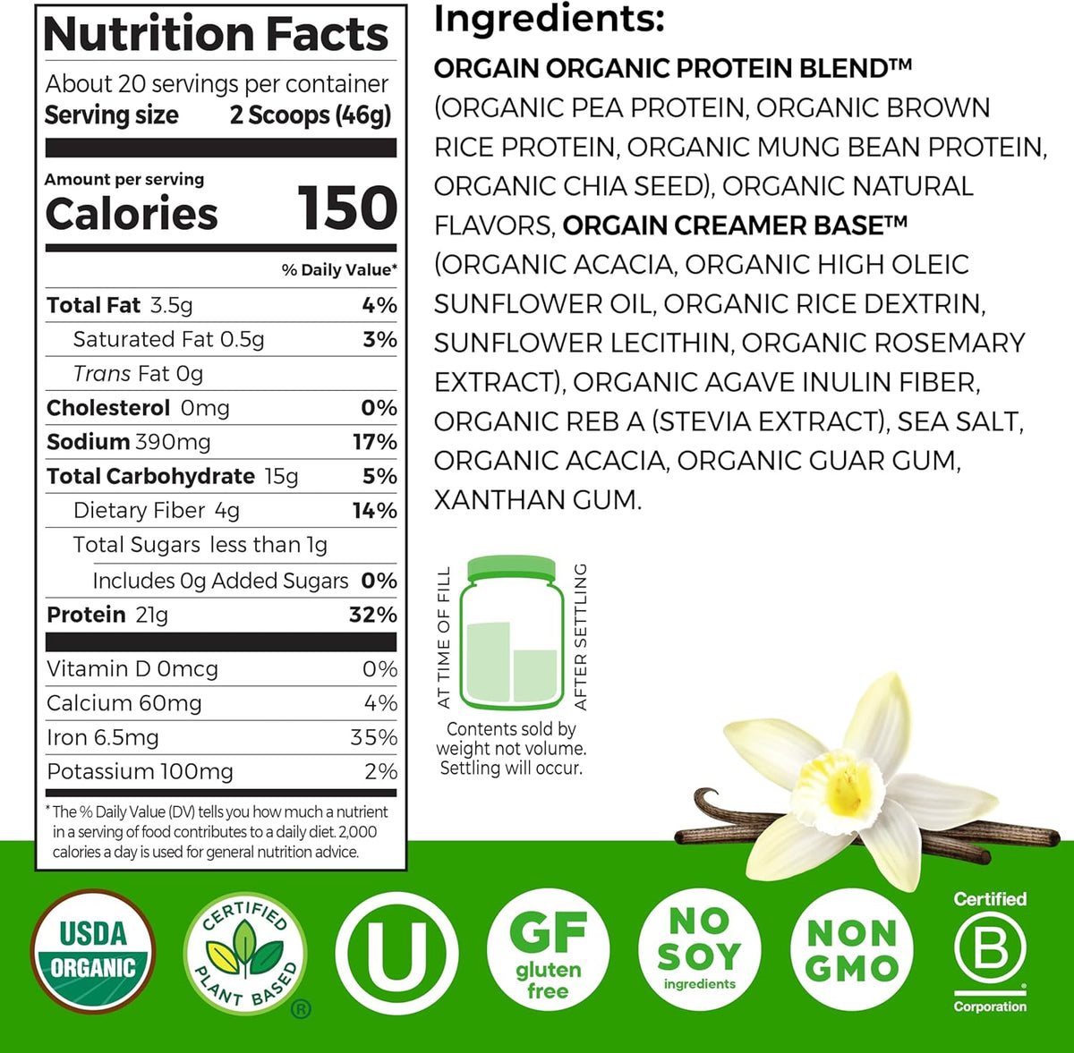 Orgain Organic Plant Based Protein Powder, Vanilla Bean, 21g Protein, 5g Prebiotic Fiber, Vegan, 2.74 lb