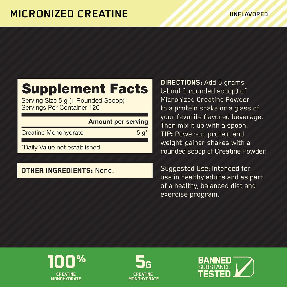 Optimum Nutrition Creatine Monohydrate Powder, 5g Micronized Creatine per Serving, Unflavored, 120 Servings