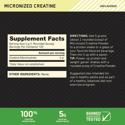 Optimum Nutrition Creatine Monohydrate Powder, 5g Micronized Creatine per Serving, Unflavored, 120 Servings