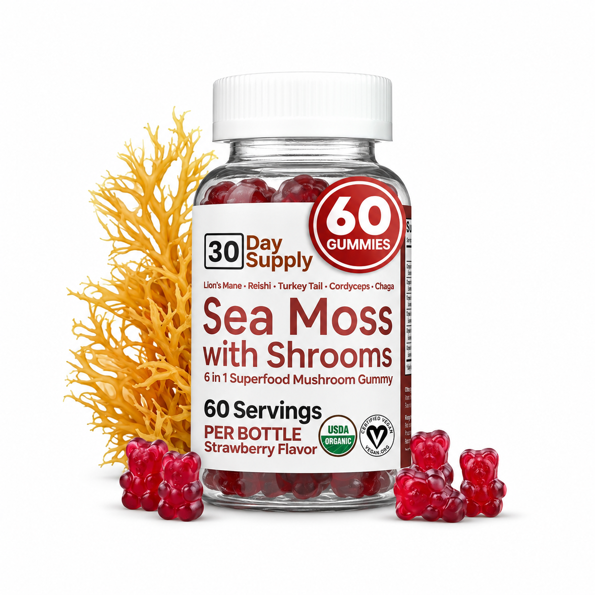 Atlantic Naturals Sea Moss Mushroom Gummies, Strawberry, 60 Count
