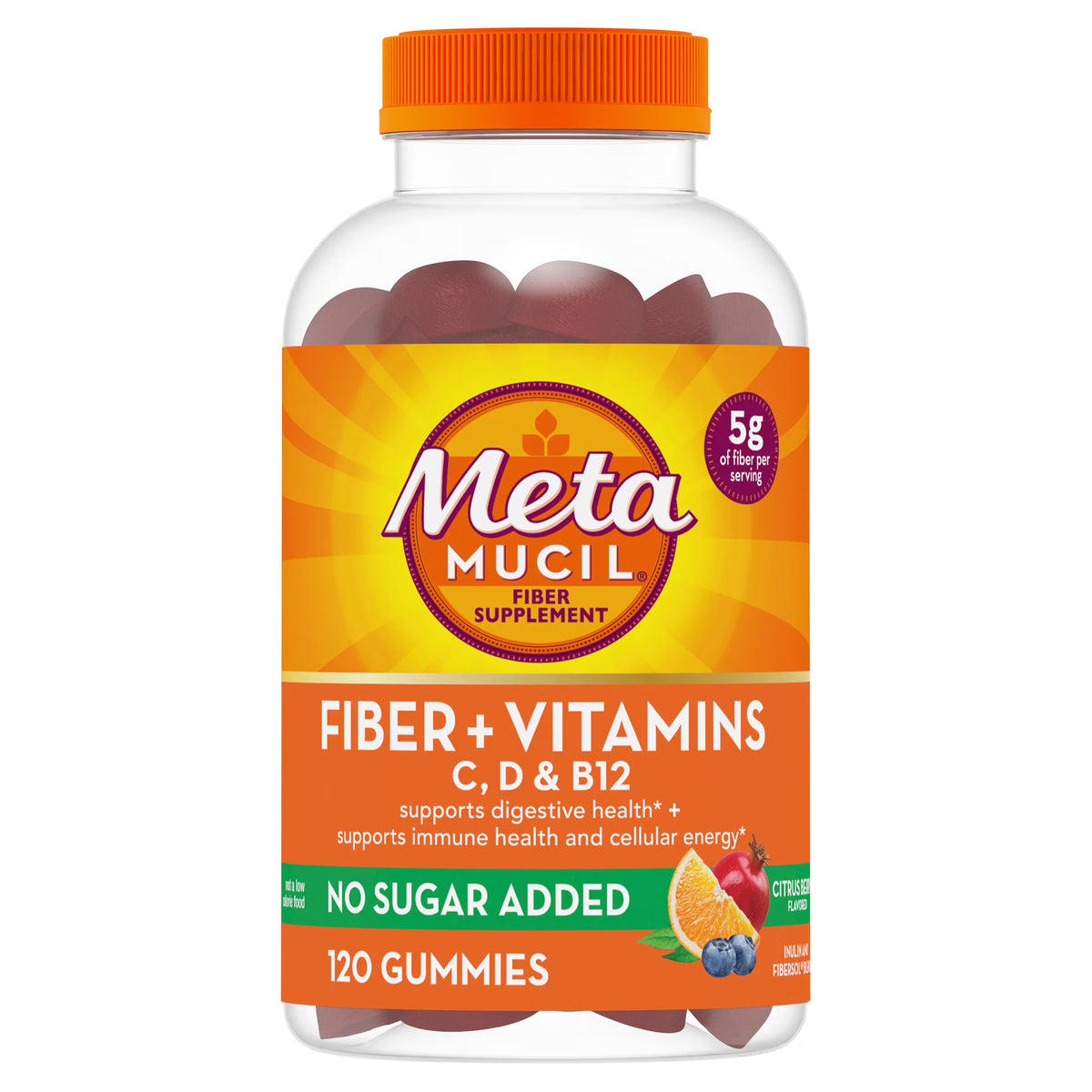 Metamucil Fiber Gummies for Adults, 5g Prebiotic Plant-Based Fiber, Orange Flavor, No Sugar Added, 120 Count